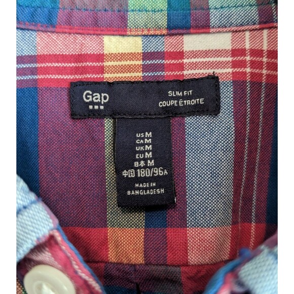 Gap Size Medium Mens Button Down Plaid Shirt Dress Blue Slim Fit Red Long Sleeve - Picture 3 of 4